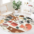 Round Rugs Woodland Animals Cute Forest Design Elements Boho Area Rug Linen and Cotton Carpet Meditation Rug Washable Hallway Runner Mat Accent Rug for Bedroom Bathroom 4ft, Multi1
