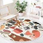 Round Rugs Woodland Animals Cute Forest Design Elements Boho Area Rug Linen and Cotton Carpet Meditation Rug Washable Hallway Runner Mat Accent Rug for Bedroom Bathroom 4ft, Multi1