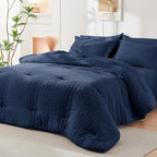 HYMOKEGE Navy Blue California King Comforter Set Seersucker 7 Pieces, All Season Luxury Bed in a Bag for Bedroom, Bedding Set with Comforters, Sheets, Pillowcases & Shams