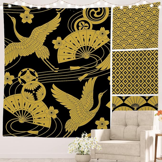 Batmerry Flower Vintage Tapestry, Oriental Japanese Pattern Ornaments Traditional Motives Kimono Wall Hanging Polyester Fiber White Ruffled Around For Dorm Bedroom Living Room, 90.6 X 78.7 Inches