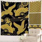 Batmerry Flower Vintage Tapestry, Oriental Japanese Pattern Ornaments Traditional Motives Kimono Wall Hanging Polyester Fiber White Ruffled Around For Dorm Bedroom Living Room, 90.6 X 78.7 Inches