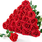 Serwalin 20Pcs Artificial Bright Red Roses, 4''Big Velvet Flower Head Fake Roses, Real Touch Silk Roses, Long Stems Realistic Roses Bouquet for Wedding Table Centerpiece and Home Decor