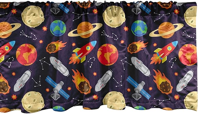 Ambesonne Space Window Valance, Universe Themed Illustration with Earth Moon Constellations Saturn Rockets Stars, Curtain Valance for Kitchen Bedroom Decor with Rod Pocket, 54" X 12", Dark Night Blue