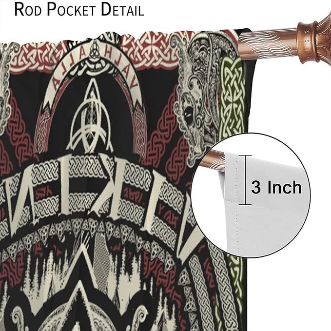 Viking Curtains Nordic Mythology Rune Weapon Antique Viking Pirate Crow Art Pattern Printed Curtains Bedroom Living Room Decoration Blackout Curtains W55 * L63 Inch
