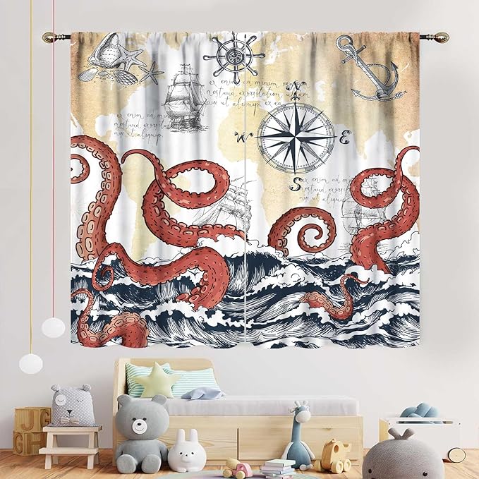 Nautical Octopus Curtains, Coastal Old Pirate Map Sailboat Compass Ocean Wave Kraken Octopus Tentacles Vintage Window Drapery Treatment for Bedroom Living Room Kitchen Bathroom 2 Panels, 84"x84" Inch