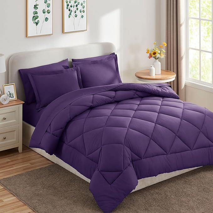 CozyLux King Size Comforter Set Purple - 7 Pieces Bed in a Bag King, Luxury Soft Bed Set for All Seasons, Bedding Set with Down Alternative Comforter, Sheets, Pillowcases & Shams