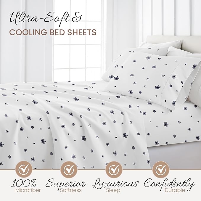 Linen Market Double-Brushed Patterned Microfiber Full Sheet Set 4 Piece – Oeko-TEX Certified Ultra Soft & Wrinkle-Free - 16" Deep Pocket Sheets - Easy Care Full Size - Indigo Flowers Navy