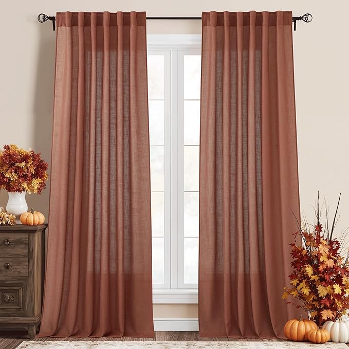 RYB HOME Terracotta Curtains 84 inch Long - Premium Flax Linen Blend Soft Semi Sheer Window Drapes Half Privacy Protect for Living Room Bedroom Doorway, 52 Width by 84 Length, 2 Panels Burg