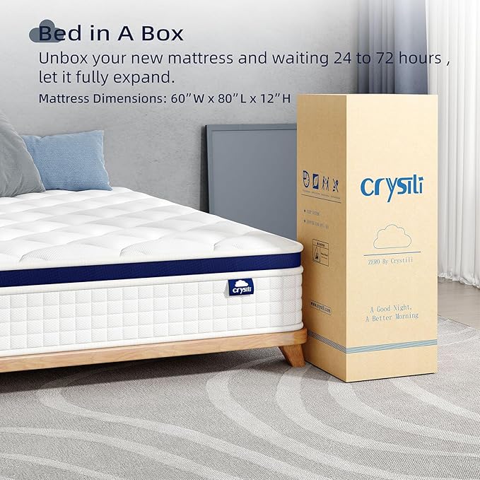 Crystli Queen Size Mattress 12 Inch-Hybrid Mattress Bed in A Box, Medium Firm for All Sleepers, Pressure Pain Relief, Motion Isolation, Fiberglass-Free, Pocket Spring, Strong Edge Support