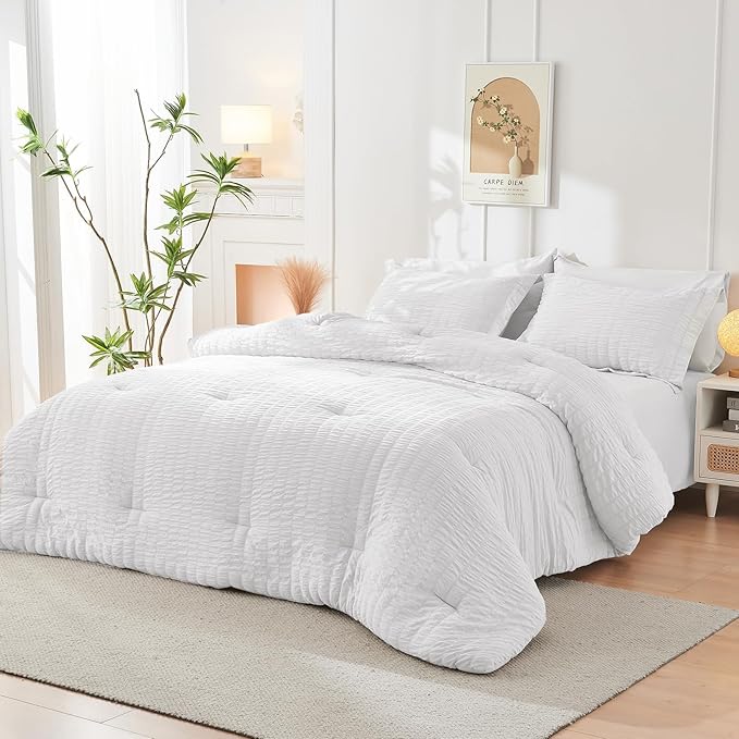 HYMOKEGE White California King Comforter Set Seersucker 7 Pieces, All Season Luxury Bed in a Bag for Bedroom, Bedding Set with Comforters, Sheets, Pillowcases & Shams