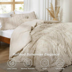 Bedsure Tufted Boho Comforter Set Oversized King - Beige Boho Bed Set, GentleSoft™ 3 Pieces Farmhouse Shabby Chic Embroidery Bedding, Gifts for Woman, Soft Jacquard Comforter for All Seasons
