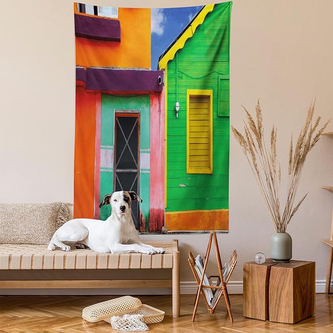Lunarable Mexican Tapestry Twin Size, Caribbean Houses in Vibrant Color Scheme in Isla Mujeres Mexico Latin America Photo, Wall Hanging Bedspread Bed Cover Wall Decor, Twin Size, Green Pink