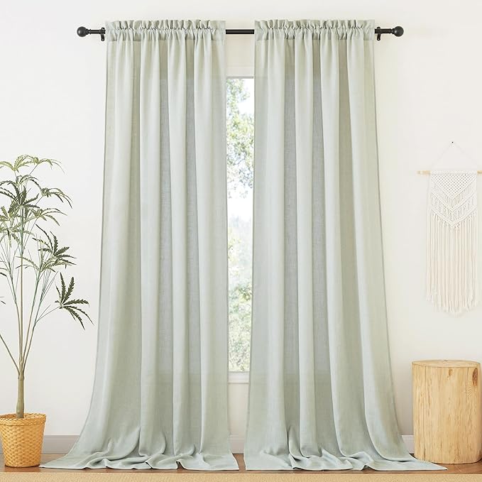 RYB HOME Extra Long Linen Curtains 120 inches for Living Room, Light Filtering Privacy Protection Vertical Decorative 2 Panels Set Window Treatments for Bedroom, Sage Green, W 52 x L 120 inches