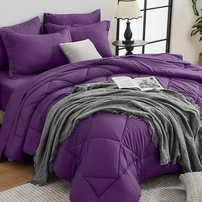 HEVUMYI Grape Purple California King Comforter Set - 7-Piece All Season Bed in a Bag Cal King, Ultra Soft Bedding Set with Comforter, Flat Sheet, Fitted Sheet, Pillowcases, Pillow Shams