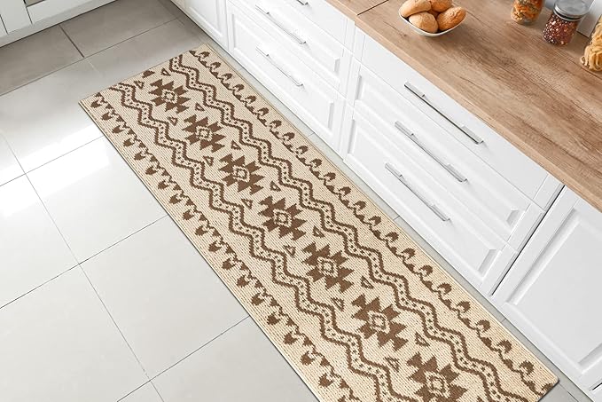 Custom Length Cut to Size Tribal Ethnic Southwestern Inspired Hallway Runner Rug, Non Slip Rubber Backed, 31 inch Wide X Customized Length, Aztec Beige, 31 inch X 5 feet