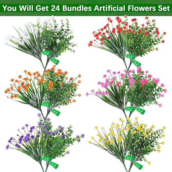 AGIRL 24 Bundles Artificial Flowers Outdoor,No Fade Fake Plastic Flowers Faux Plants for Decoration Hanging Planters Indoor Outside Garden Porch Window Box Home Farmhouse Wedding