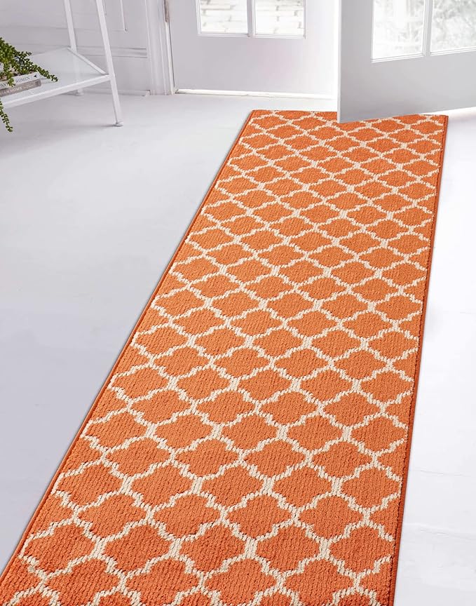 Custom Size Moroccan Trellis Runner Rug Mat for Wide Hallway Entryway Kitchen Laundry Room with Slip Resistant Latex Rubber Backing, Trellis Orange, 31 inch X 15 feet