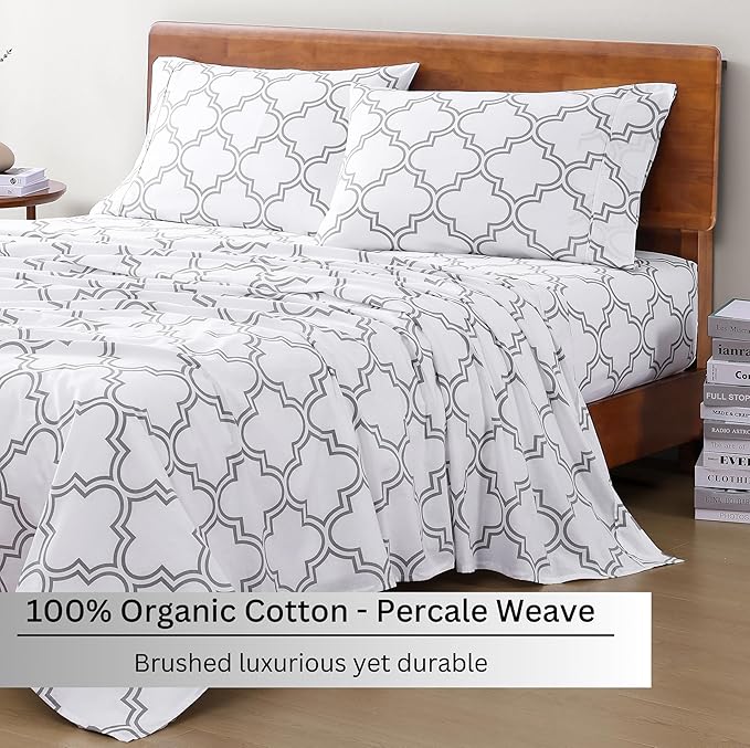 LANE LINEN 100% Organic Cotton Sheets RV Queen, 4-Piece Bed Sheets Short Queen Size Cotton, Luxury Sheets, Percale Weave,Breathable Bed Sheets RV Queen Size Deep Pockets Fits Upto 15"- Trellis Silver