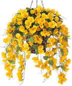 Artificial Hanging Flower Baskets for Fall Decoration, Outdoor Fake Plant Faux Silk Hibiscus Long Vines in Planter UV Resistant Realistic Flowers for Outside Porch Patio Home Decor, Yellow