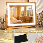 FENNIO Vanity Mirror with Lights 22''x18'' Makeup Mirror with Lights,Lighted Makeup Mirror with 10X Magnification and USB，Smart Touch Screen with 3-Color Lighting,Dimmable（Square Gold）