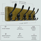 Dseap Wall Mount Coat Hanger - Heavy-Duty Robust Barnwood-Style Wooden Hook Rail with 5 Triple Hooks for Winter Coats, Hats, Jackets, Weathered Green & Black