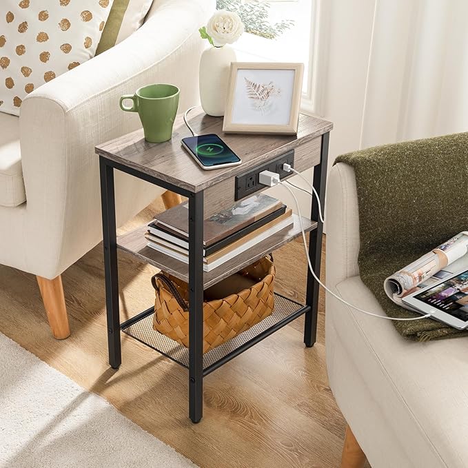 HOOBRO End Table with Charging Station and USB Port, Small Side Table for Small Space, 3-Tier Nightstand with Adjustable Shelf, for Living Room, Bedroom and Balcony, Greige BG112BZ01