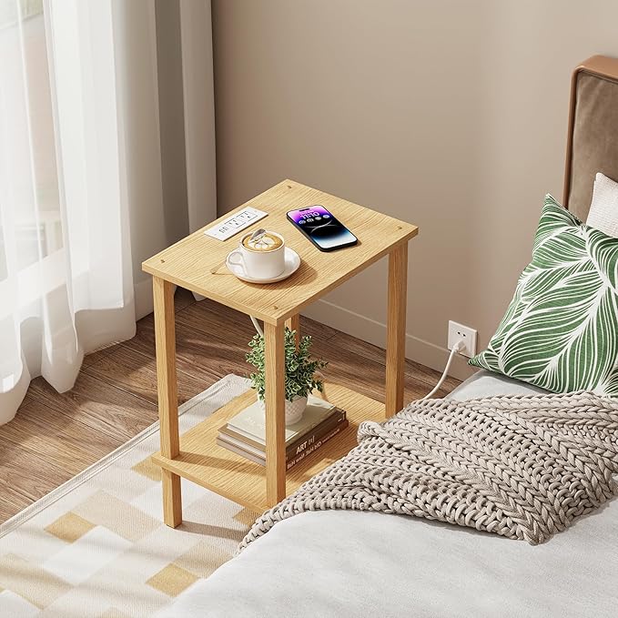 TUTOTAK End Table with Charging Station, Set of 2, Small Side Table with Outlets, Nightstand Bedside Table, 2-Tier Storage Shelf for Small Space, Living Room, Bedroom Natural TB01BN041
