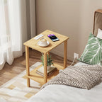 TUTOTAK End Table with Charging Station, Small Side Table with Outlets, Nightstand Bedside Table, 2-Tier Storage Shelf for Small Space, Living Room, Bedroom, Natural TB01BN040