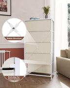Crestlive Products Vertical Dresser Storage Tower - Sturdy Steel Frame, Wood Top, Easy Pull Fabric Bins - Wide Organizer Unit for Bedroom, Hallway, Entryway, Closets - 5 Drawers(Beige)
