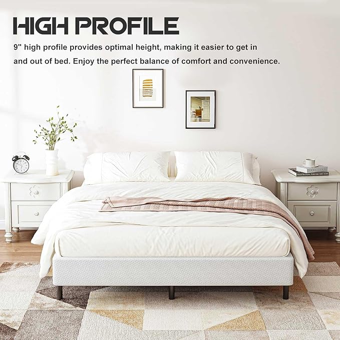 ZIYOO Box Spring Queen and Cover Set, 9 Inch High Profile Easy Assembly Mattress Foundation with Easy Clean Bed Skirt/Heavy Duty Metal Steel Structure/Quiet Noise-Free