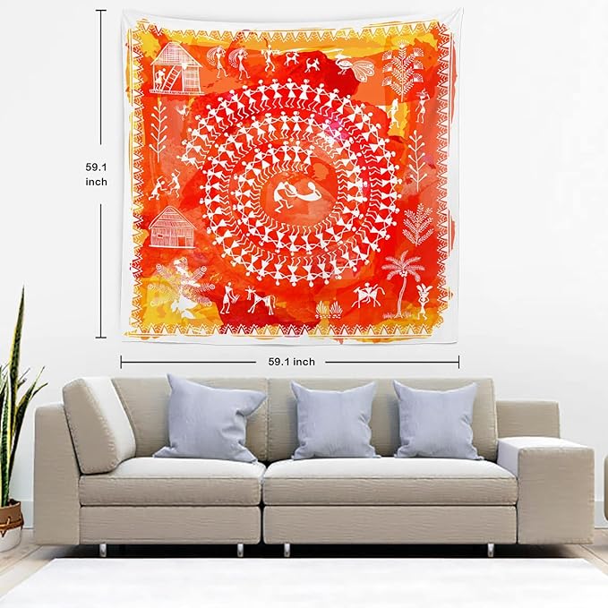 Batmerry Tribal Art Abstract Tapestry, Traditional Ancient Tribal Indian Rural Wall Art Hanging Decoration Polyester Fiber White Ruffled Around for Dorm Room Bedroom Living Room, 59.1x59.1 inches