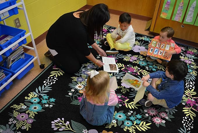 Flagship Carpets Schoolgirl Style Vintage Floral Educational Area Rug for Kids Room Seating Décor, Children's Classroom, Play Carpet for Teaching and Playroom, 7'6" x 12', Black & Multi