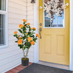 GOFLAME 3FT Artificial Camellia Tree, Faux Camellia Plant with Orange Flowers, Solid Wood Trunk, Realistic Moss, Greenery Potted Decoration Tree for Indoor Outdoor Home Porch Front Door