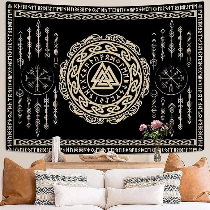 OSUNBD Nordic Viking Tapestry Wall Hanging - Large 100x90 inches Soft Flannel with Valknut, Celtic Runes & Norse Mythology Scandinavian for Bedroom, Living Room Decor