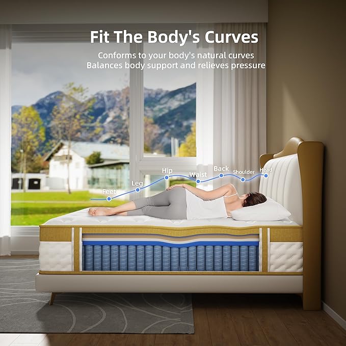 Cooling Gel Memory Foam Hybrid Mattress, 12 Inch King Size Mattress in A Box with Pocket Springs for Back Pain & Pressure Relief, Medium Firm Feeling with CertiPUR-US Certified Foam