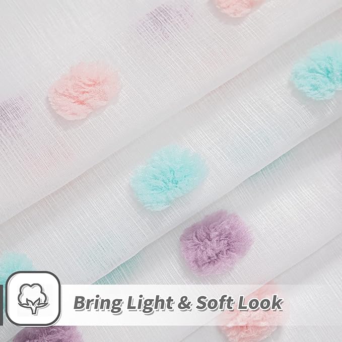 MYSKY HOME Pom Pom Sheer Curtains for Bedroom 72 Inch Length Long Rainbow Curtains for Dining Room Window Nursery Curtains Girls Kids Room 2 Pieces Rod Pocket Boho Farmhouse 52" x 72"