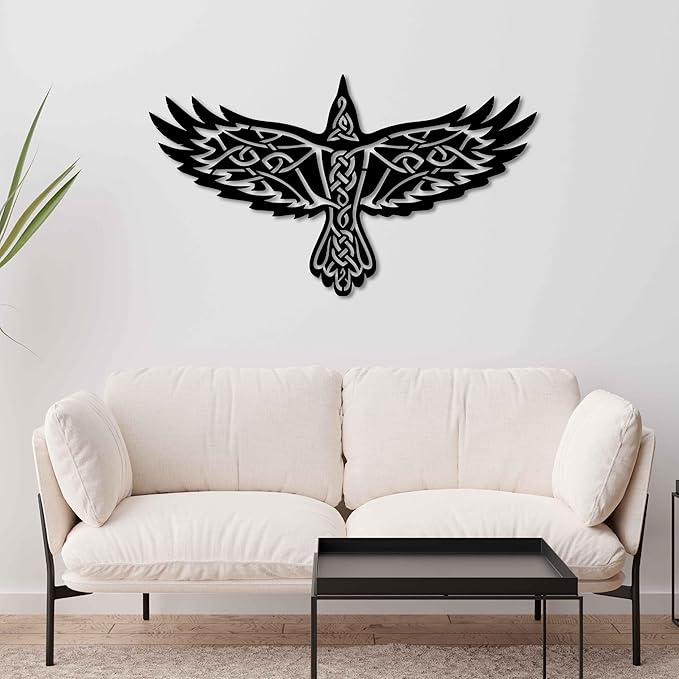 KAWA METALWORKS Nordic Viking Raven Metal Wall Art Decor, Norse Mythology Odin's Raven Wall Sculpture, Black (Medium - 15.3" x 27" H x W)