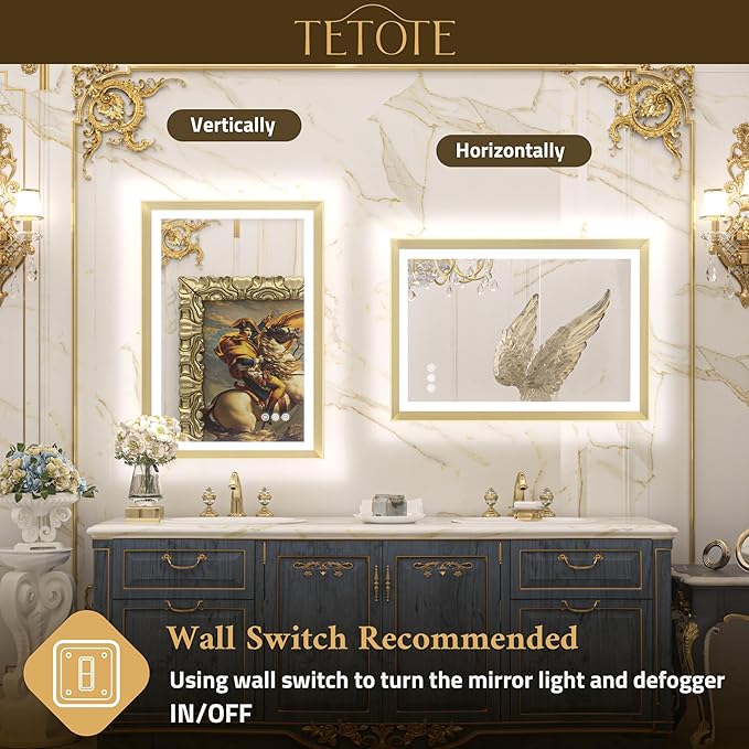 TETOTE Gold LED Bathroom Mirror with Lights 42x36 Front & Back Light Vanity Framed Mirror Baroque Anti Fog Dimmable White/Warm/Natural,CRI90+,Waterproof,Wall Mounted(Horizontal/Vertical)