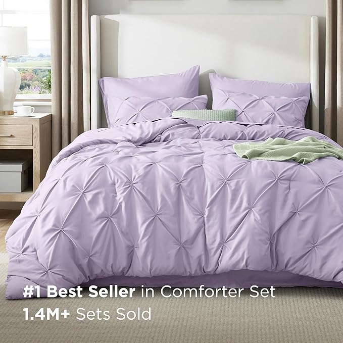 Bedsure California King Comforter Set Light Purple - Bed in a Bag Cal King Bedding Set 7 Pieces, GentleSoft™ Pintuck Bed Set Gift for Family, Pinch Pleat Comforter with Sheets, Pillowcases & Shams