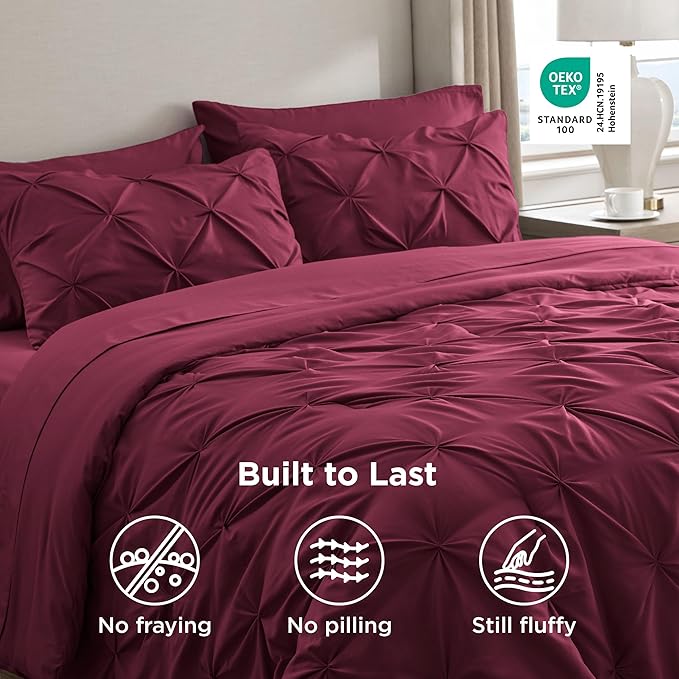 Bedsure King Size Comforter Set Burgundy - Bed in a Bag Bedding Set 7 Pieces, GentleSoft™ Pintuck Bed Set Gift for Family, Pinch Pleat Burgundy Comforter with Sheets, Pillowcases & Shams