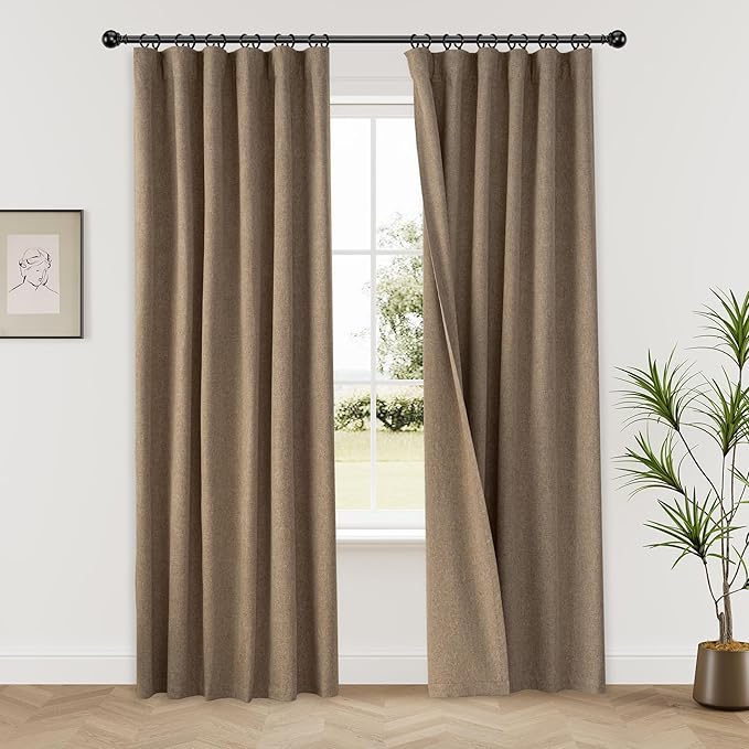 KangBang Brown Linen Blackout Curtains for Bedroom Living Room, Thermal Insulated Rustic Linen Woven Sandstone Curtains 84 Inches Length 2 Panels Set, Back Tab/Rod Pocket/Hook Belt, 52x84 Inch