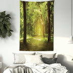 Lunarable Woodland Tapestry Twin Size, Tall Forest Trees Basking in The Morning Peaceful Environment in Green Nature, Wall Hanging Bedspread Bed Cover Wall Decor, Twin Size, Green Chocolate