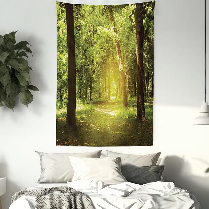 Lunarable Woodland Tapestry Twin Size, Tall Forest Trees Basking in The Morning Peaceful Environment in Green Nature, Wall Hanging Bedspread Bed Cover Wall Decor, Twin Size, Green Chocolate
