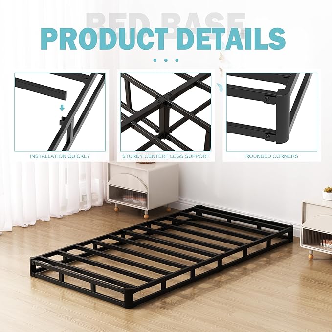 Twin Box Spring Bed Base 6 Inch, Low Profile Metal Boxspring Twin with Fabric Cover, 2000 Lbs Max Weight Capacity Mattress Foundation, Noise-Free, Easy Assembly