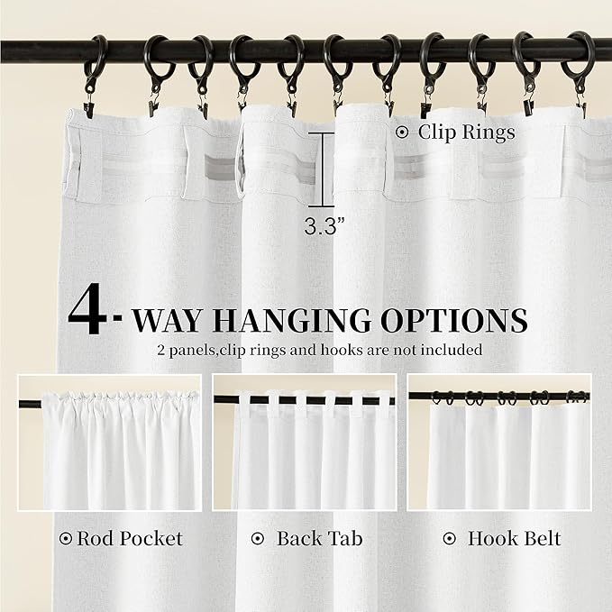 KangBang White Blackout Curtains 96 Inches Long for Living Room, Back Tab Hook Belt Track System Room Darkening Elegance Curtains for Bedroom High Ceiling Curtains, 52 by 96 Inches Long, 2 Panels