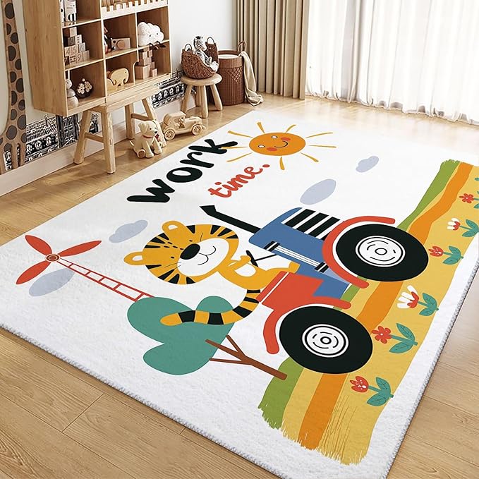 Washable Area Rug 5x8 ft Cartoon Farm Tiger Tractor 3D Print Area Rug for Living Room Bedroom Kids Room Home Decor Carpet, Indoor Non-Slip Floor Rug Mat, Low Pile Rugs