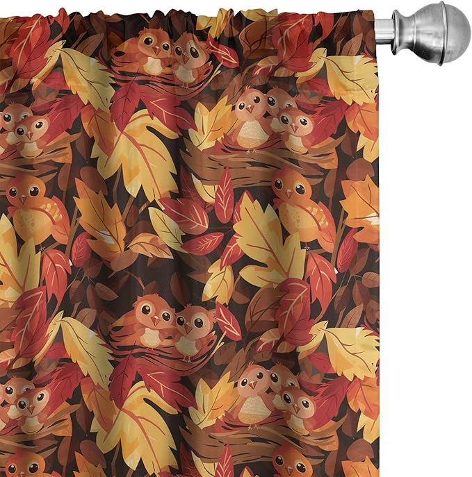 Ambesonne Fall Window Curtain Panels 4 Pack, Happy Autumnal Colors with Birds in Nests Cartoon Illustration Print, Lightweight Set with Rod Pocket, 4 Panels of 28" x 95", Cinnamon Amber and Orange