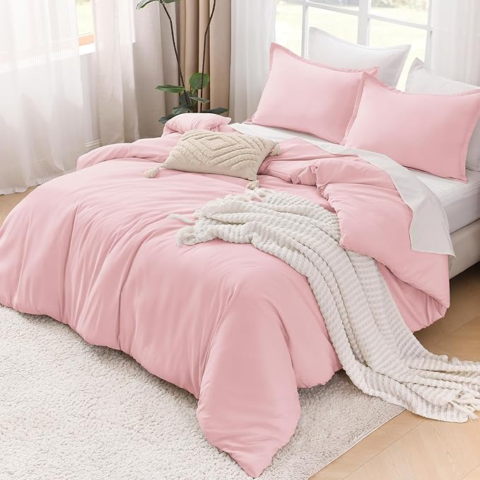 Litanika Pink Comforter Set Queen Size, 3 Pieces Lightweight Soft Fluffy Solid Bedding Set, All Season Bed Set (90x90In Comforter & 2 Pillowcases)