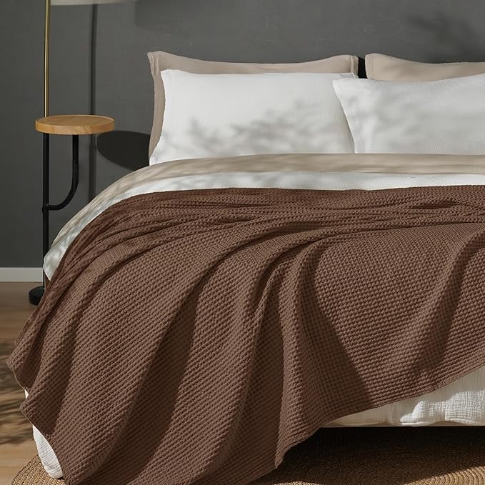 PHF 100% Cotton Waffle Weave Blanket Twin Size for Bed,Snag Proof Lightweight Breathable Moisture-Wicking Throw for Couch,Great for Layering in Cold Weather,Machine Washable,Home Decor Gift-Cappuccino