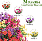24 Bundles Artificial Flowers for Outdoor Indoor Garden Home Decoration, Look Real for Front Door Porch Patio Yard Balcony, Faux Flower Daisy with Eucalyptus Leaves Fake Plants, 4 Colors